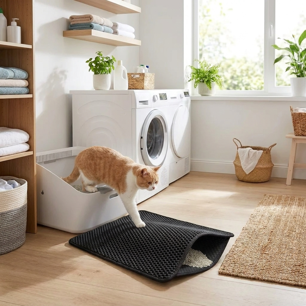 Cat litter trapping mat in front of litter box - lifestyle