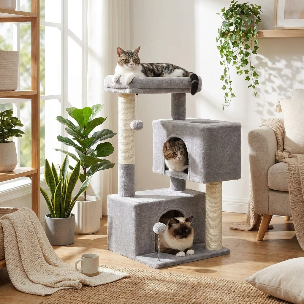 Cats lounging on grey cat tree in living room - lifestyle