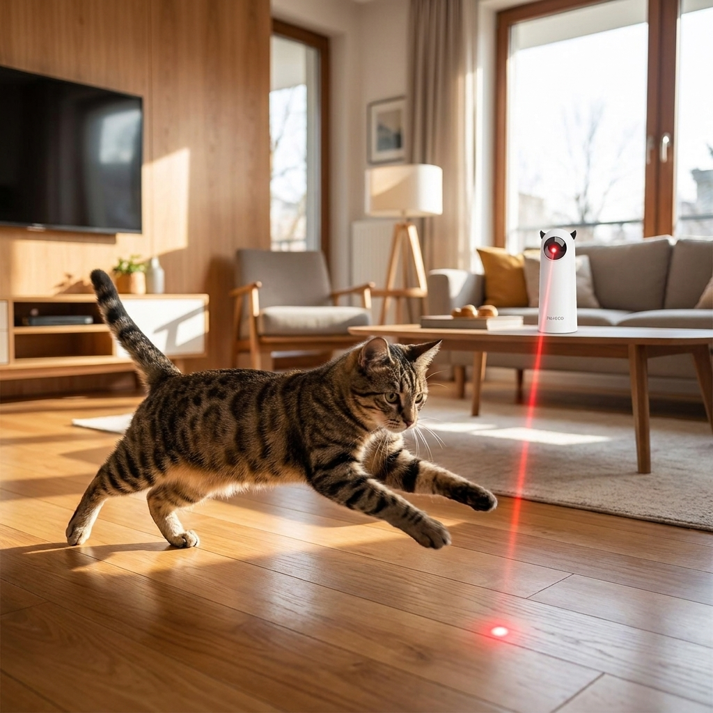 Cat chasing laser dot from automatic LED laser toy - lifestyle