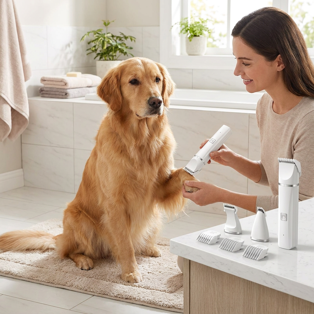 Golden retriever groomed at home with electric grooming kit - lifestyle