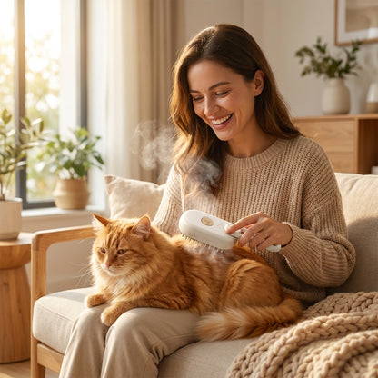 Cat being groomed with electric steam brush at home - lifestyle