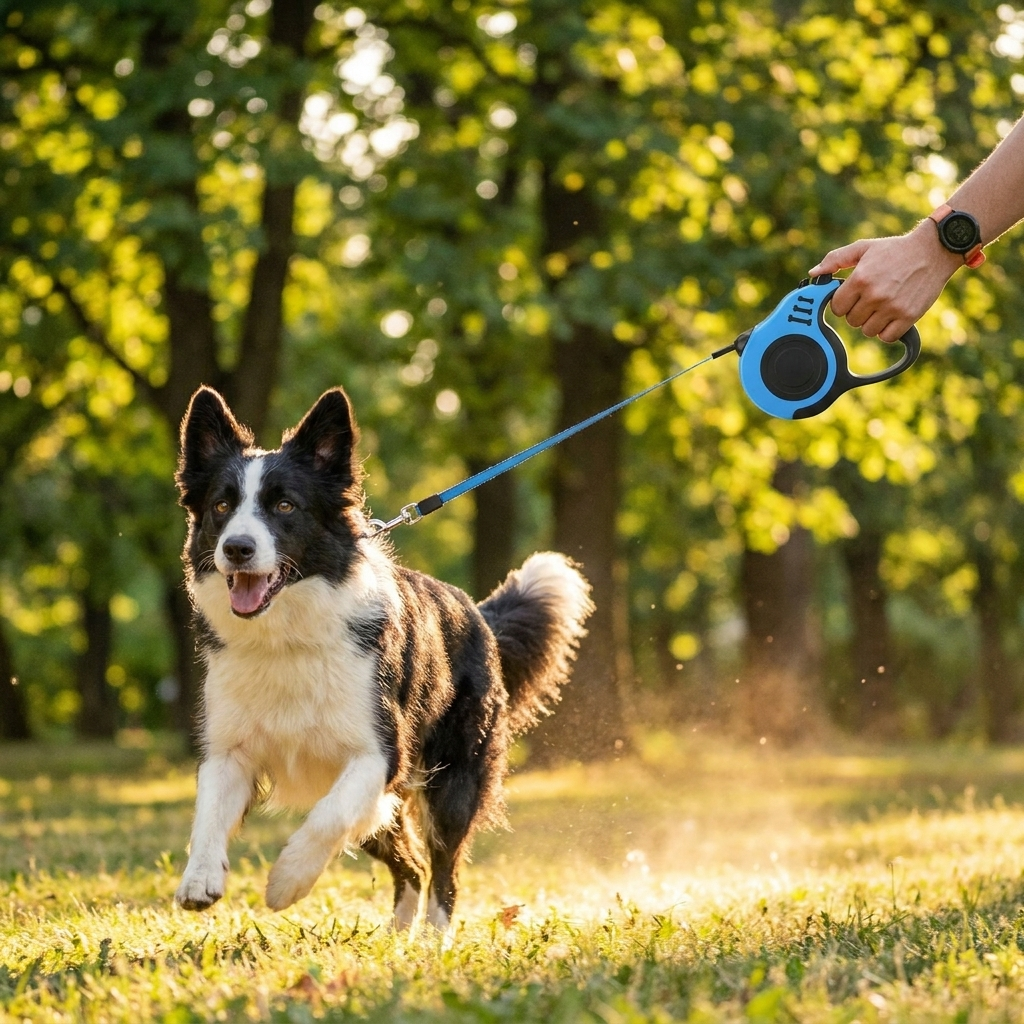 Dog walking in park on retractable leash - lifestyle