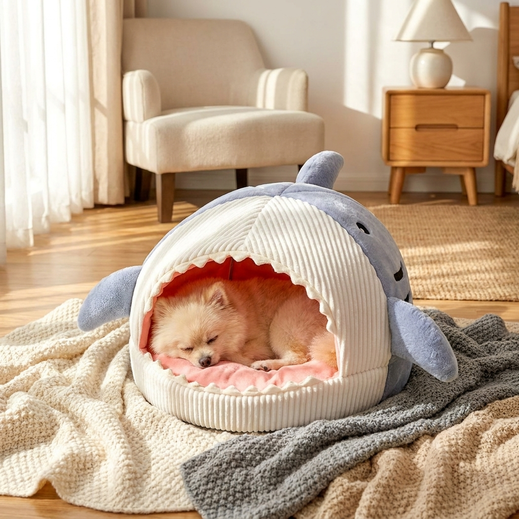 Dog napping in plush shark pet bed - lifestyle