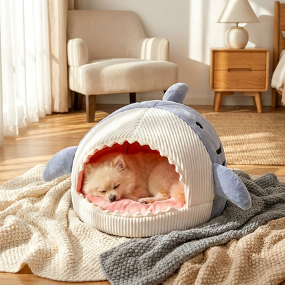 Dog napping in plush shark pet bed - lifestyle