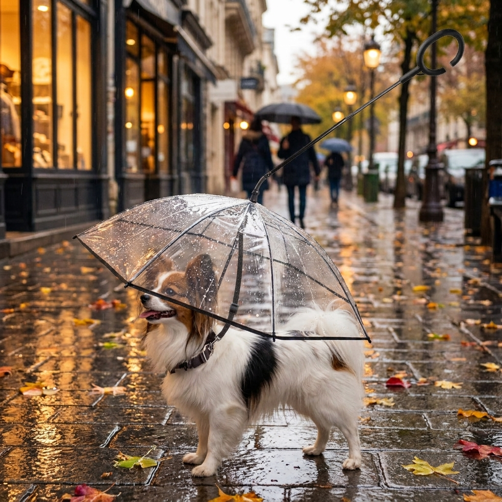 Small dog kept dry by dog umbrella on rainy sidewalk - lifestyle