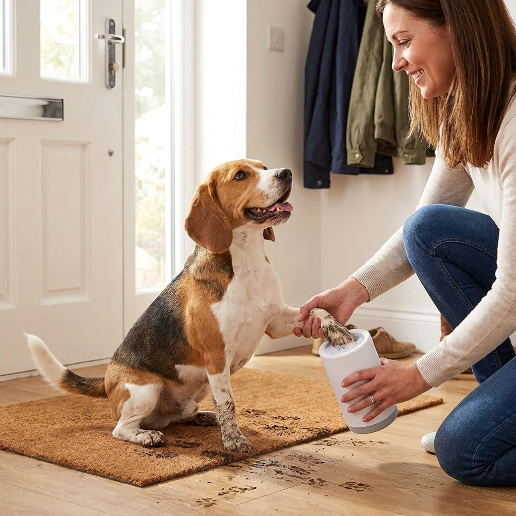 Beagle getting paw cleaned with portable paw cleaner - lifestyle