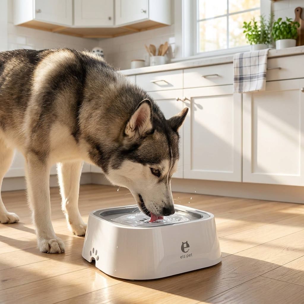 Husky drinking from floating no-spill water bowl - lifestyle